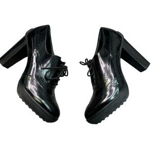 TOD'S Women's Black Leather Derby Style Pump Heels Size 38.5 Lace Up